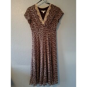 DRESSBARN Midi Dress Lined Size 4 Lace V-Neck Babydoll Cottagecore Flutter Brown